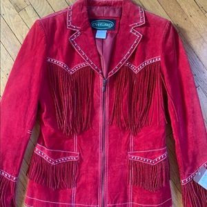 Overland Studded Fringe Suede Red Leather Jacket